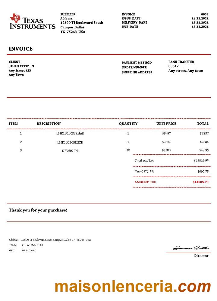 Tekst faktury USA Texas Instruments i szablon PDF